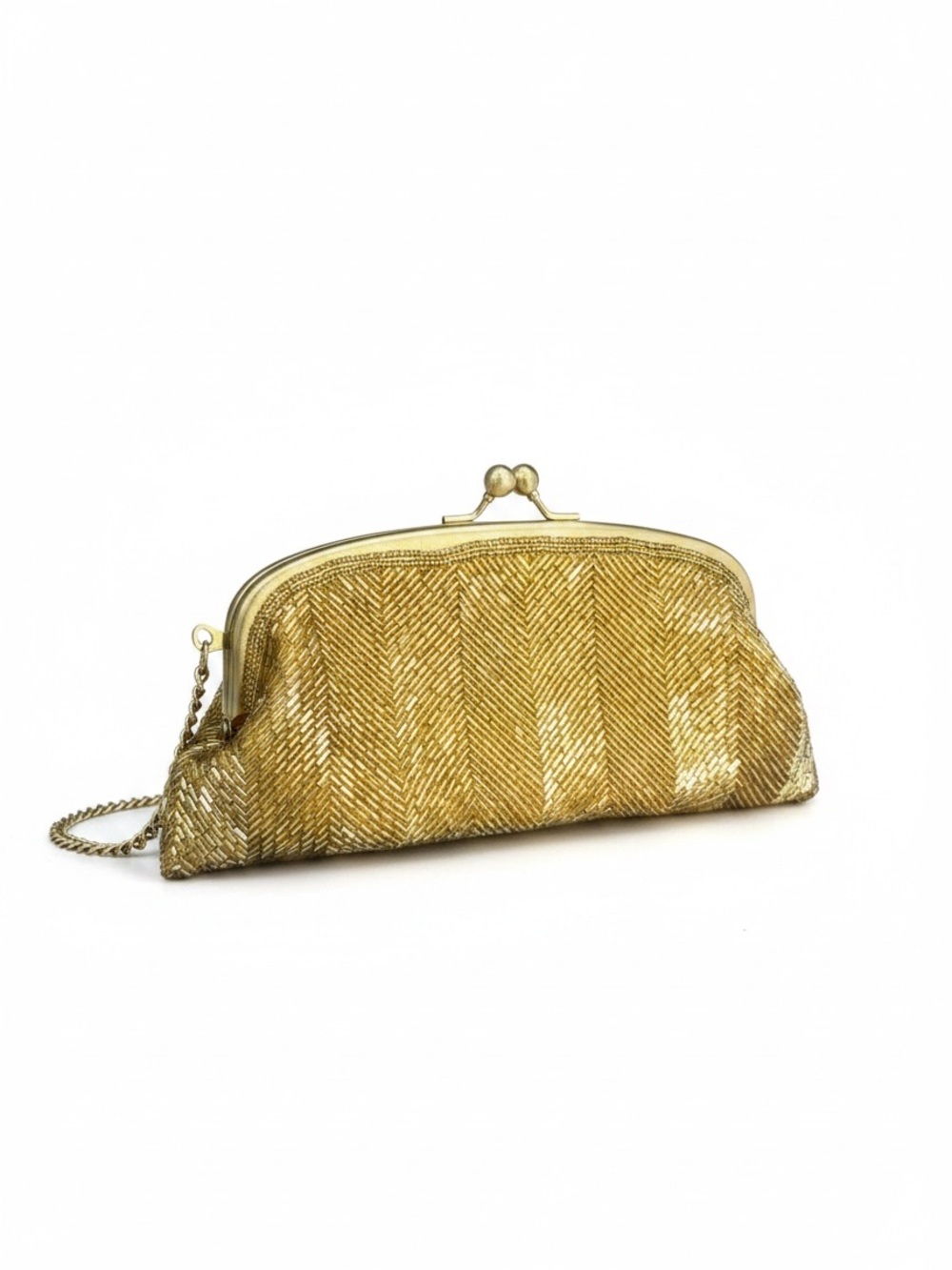 The Limited Gold Beaded Kiss Lock Evening Clutch Chain Bag Art Deco